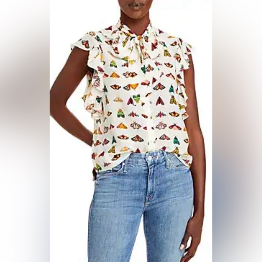 Alice + Olivia Robbie Butterfly Print Silk Bow Blouse Medium